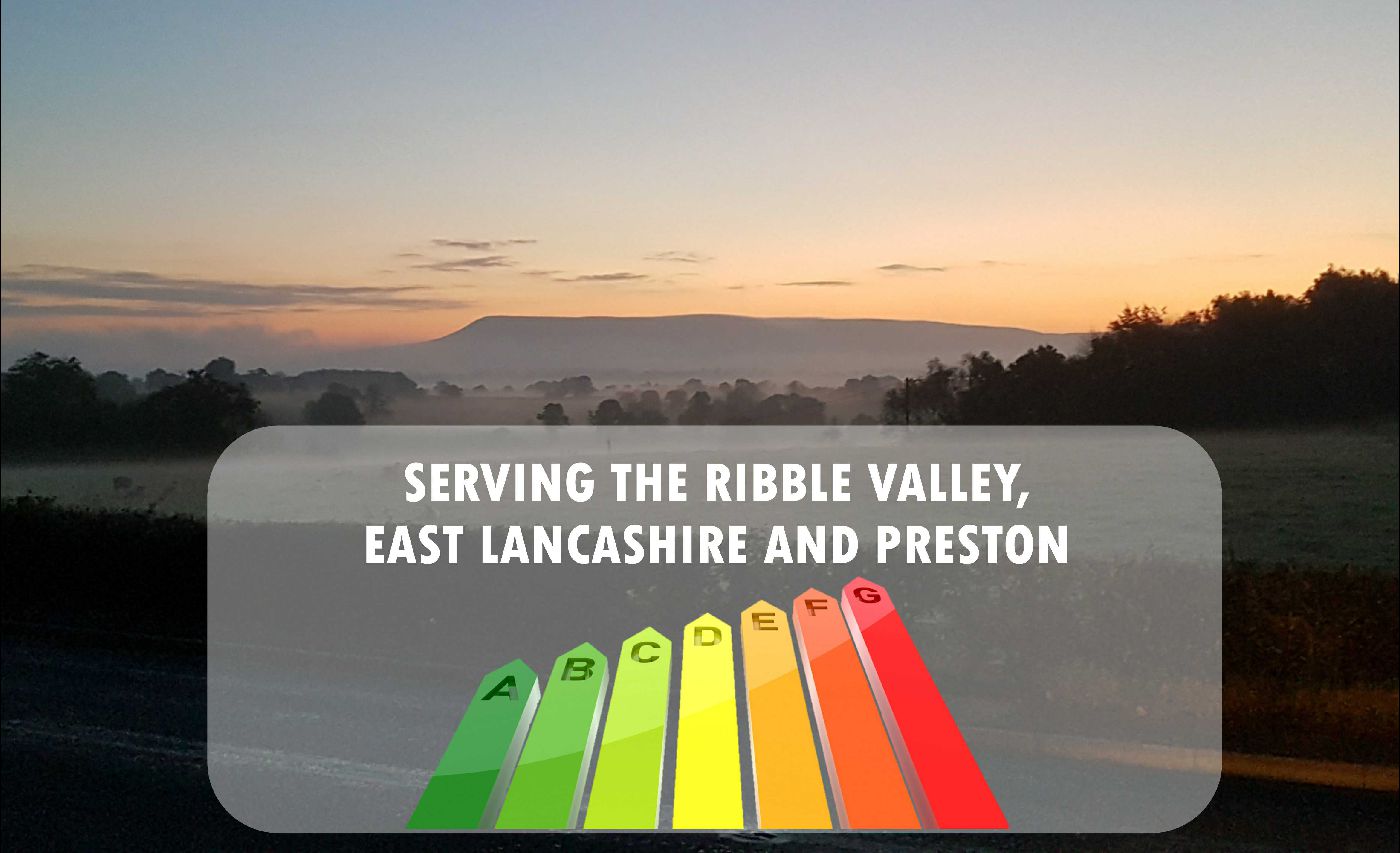 A pictur of pendle hill in the ribble valley with an energy scale layered into it stating 'serving the ribble valley, east lancashire and preston'