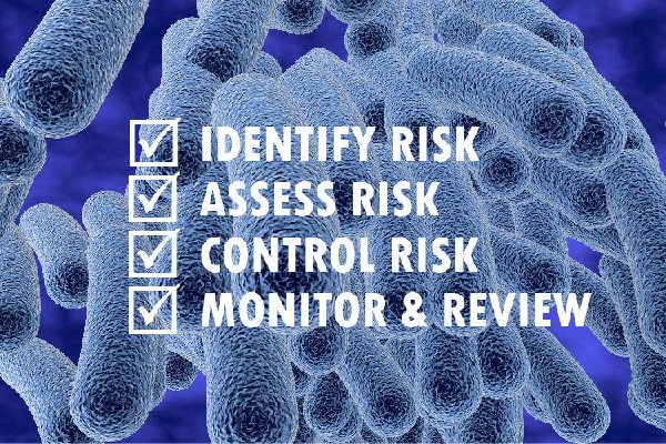 A picture of legionella virus bacteria with the main areas of a risk assessment set in the image.